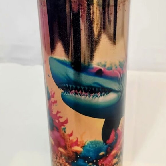 20oz hot/cold Tumbler, custom shark theme, Rose Gold Glitter, Eco, Reusable - Picture 2 of 5